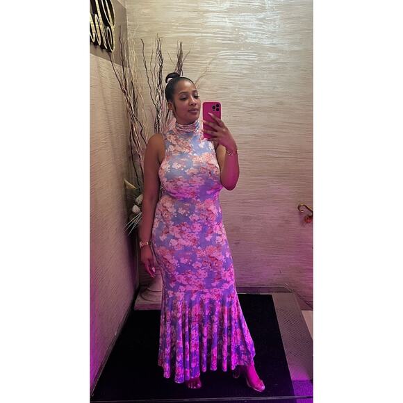 CAROLINE CONSTAS Blue Floral Mock Neck Sleeveless Trumpet Brigitta Gown Size M - Picture 15 of 15